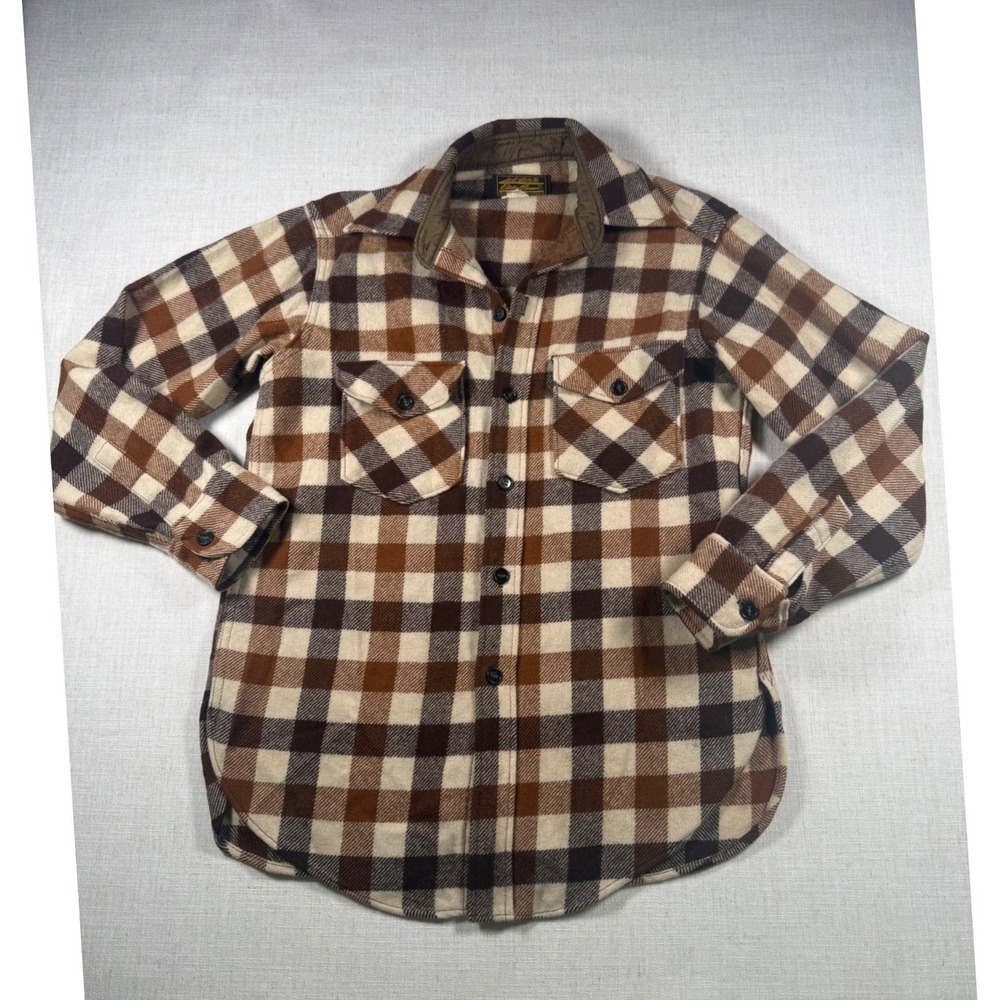 Vintage Eddie Bauer Mens Medium Brown Plaid Wool Blend Flannel Button Down Shirt